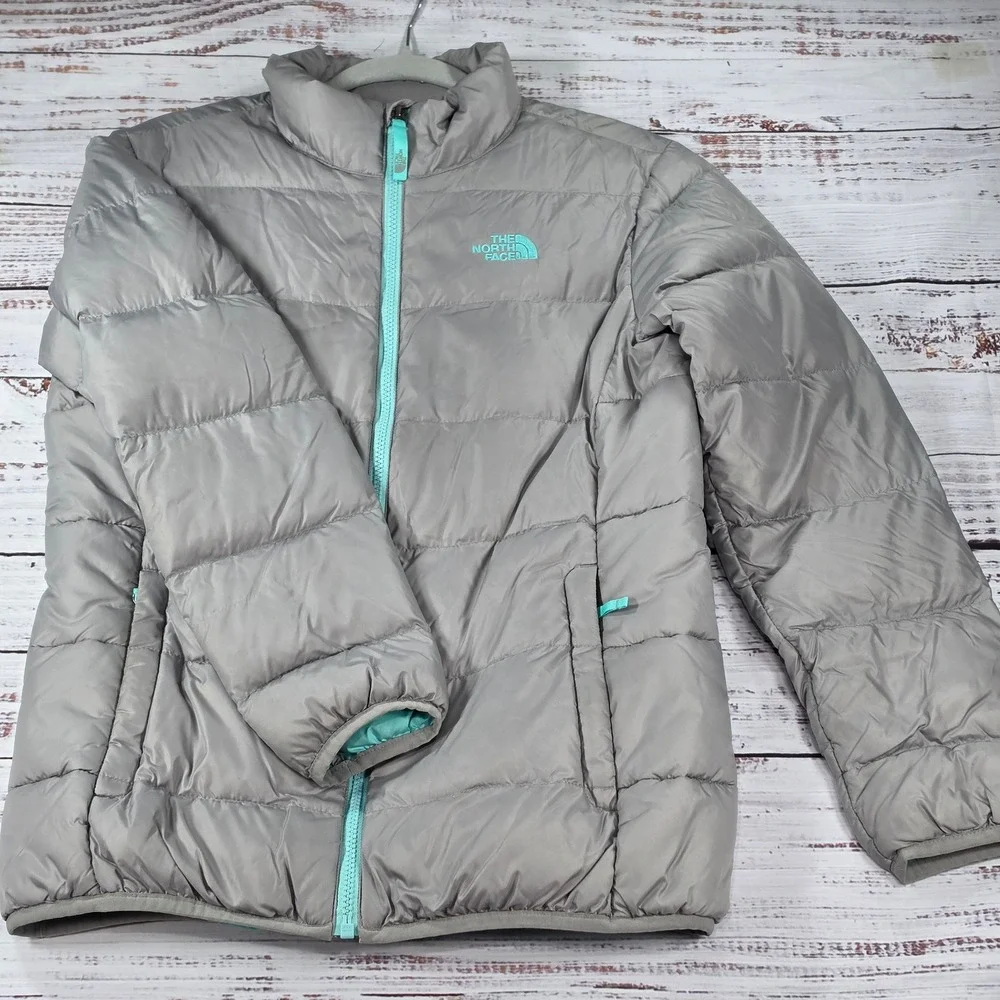 The North Face Silver Gray Down Jacket Girls XL 18 Excellent Aconcagua Puffer
